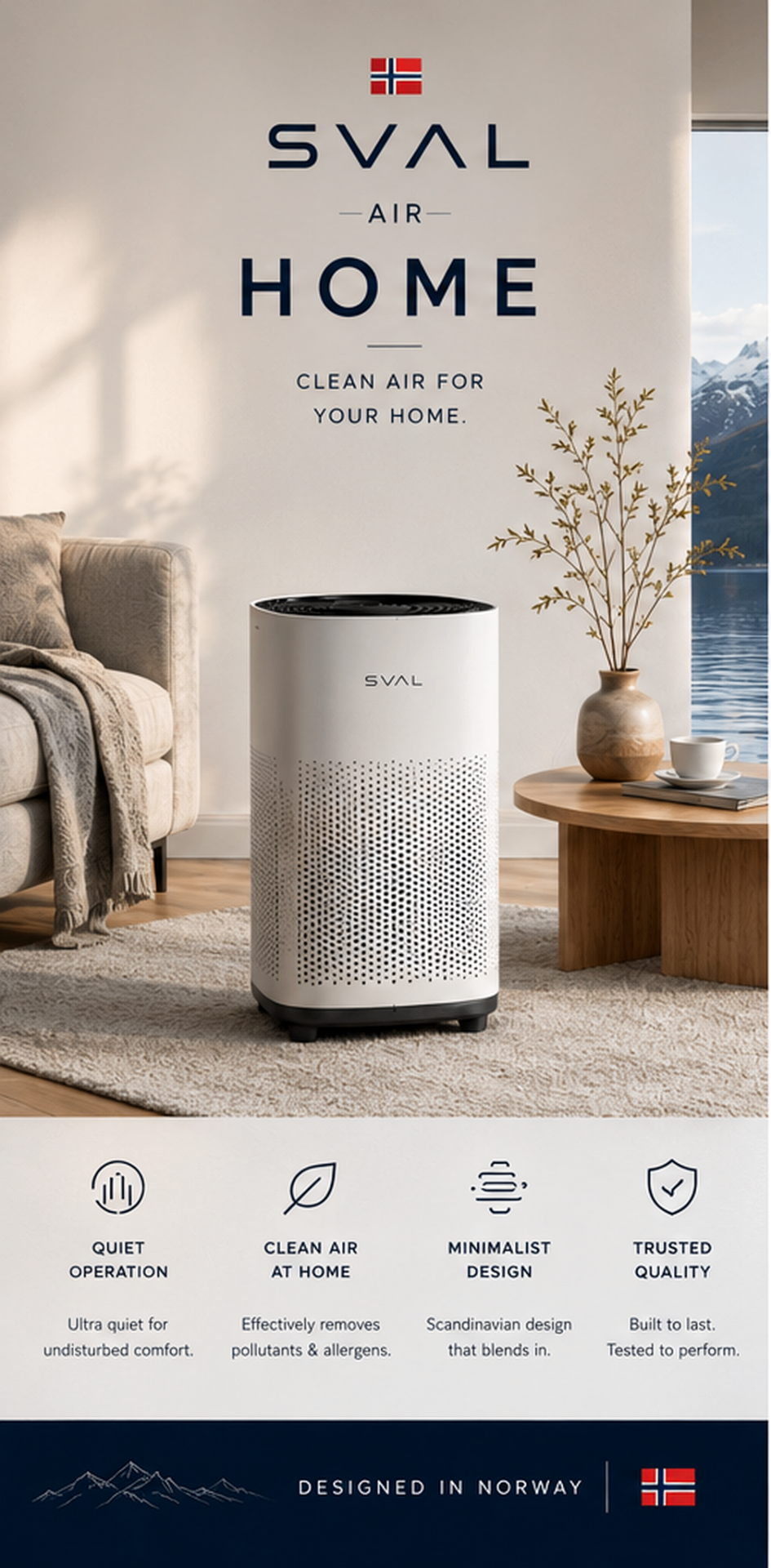 SVAL Air Home purifier in a warm Nordic living room
