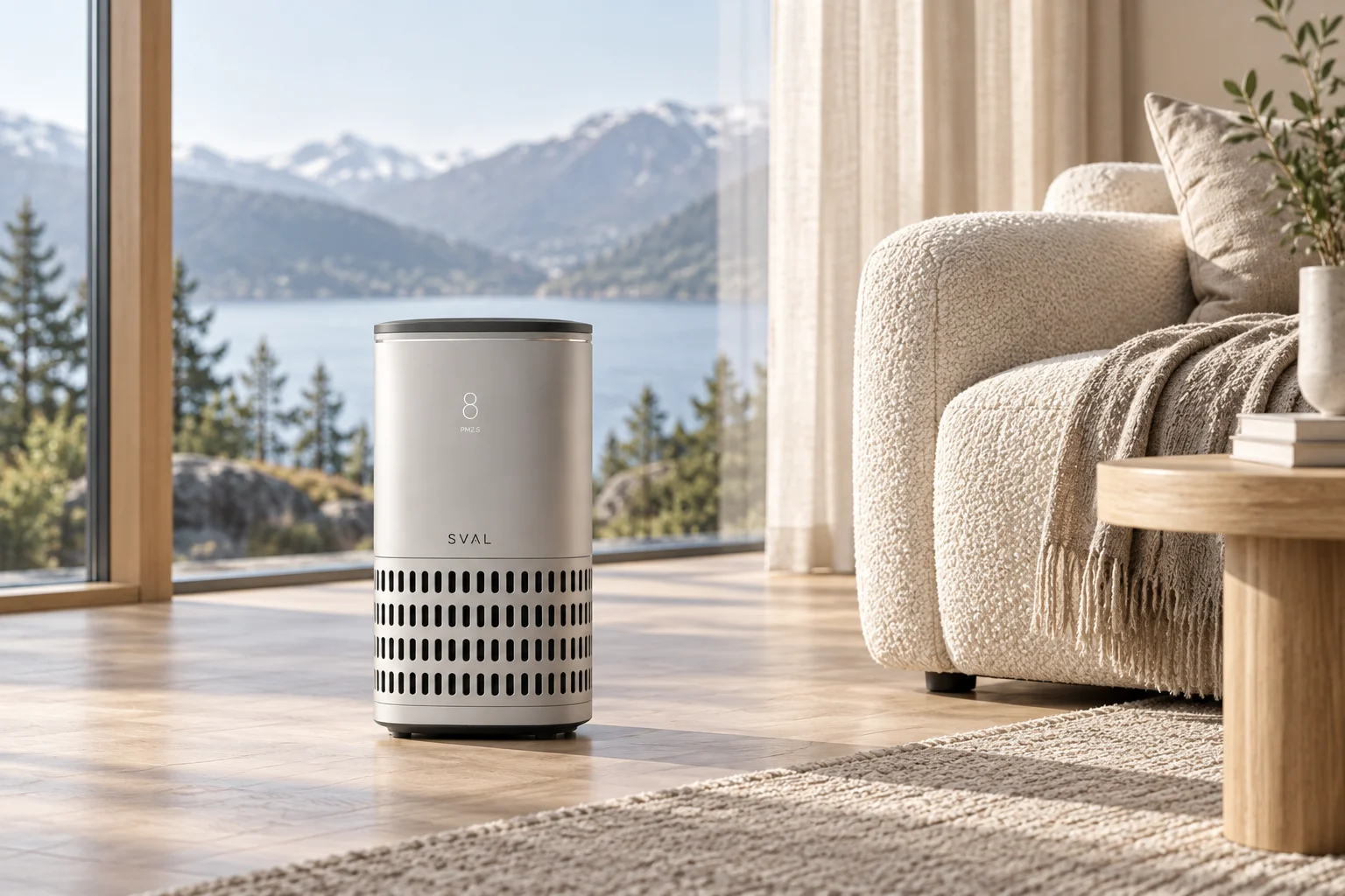 SVAL Air Home concept beside a cream sofa in a sunlit living room